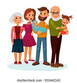 Happy family portrait logo with father and mother, daughter and grandmother, infant or baby, grandfather, husband and wife. Merry couple or parenting, adult sister and brother, holiday