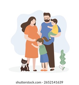 Retrato de família feliz. Homem, mulher grávida e crianças ficam lado a lado e se abraçam. Pais, crianças bonitas e gato. Amizade, felicidade e valores familiares. ilustração vetorial plana