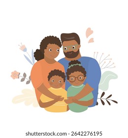 Retrato de família feliz. Homem, mulher e crianças ficam lado a lado e se abraçam. Pais e filhos bonitos. Amizade, felicidade e valores familiares. As pessoas fecham a vista. ilustração de vetor plana