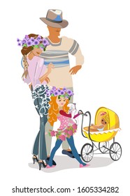 Happy family portrait with mother and father with their children, spending time together. Hand drawn colorful flat vector illustration.
