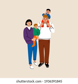 Happy Family portrait. Mother and Father are standing and holding their two little Kids siblings. Hand drawn colored Vector illustration. Children with Parents. Togetherness, parenting concept