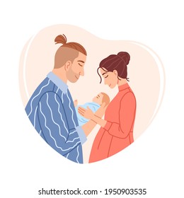 Happy family portrait on heart shaped background. Flat young couple holding newborn baby boy or girl. Mother father and child cartoon characters. Happy parents man and woman People vector illustration