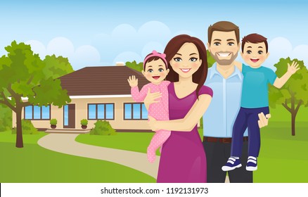 Happy family portrait outside of his home. Parents with newborn baby and toddler boy vector illustration. Mother and father with daughter and son