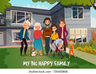 Happy family portrait with parents, kids, grandmother, grandfather and dog on house background in summer vector illustration