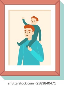 Happy family portrait representing fatherhood, showing a father carrying his son on shoulders, waving hand, framed photo hanging on the wall