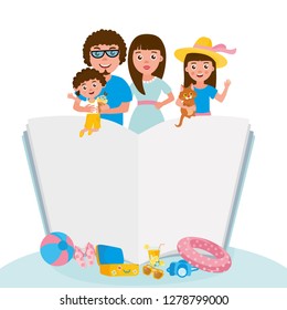 Happy family portrait. Set of characters - Mother, father, brother, sister. Funny illustration. Kids with their toys. Vector people. 