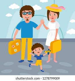 Happy family portrait. Set of characters - Mother, father, son. Funny illustration. Family vacation. Vector people. 