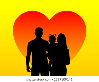 “SHOTLISTbanking”. Happy family portrait silhouette vector. Happy family silhouette: mother, father, son together.
Yellow solar degrade background and a red heart.