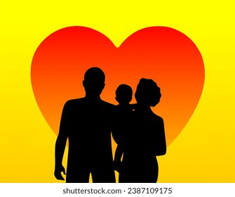 “SHOTLISTbanking”. Happy family portrait silhouette vector. Happy family silhouette: mother, father, son together.
Yellow solar degrade background and a red heart.