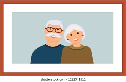 Happy family portrait: smiling grandfather and grandmother on the light blue background in the wooden brown frame. Vector illustration