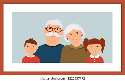 Happy family portrait: smiling grandfather, grandmother, grandson and granddaughter on the light blue background in the wooden brown frame. Vector illustration