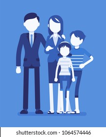 Happy family portrait. Social group consisting of two parents and children live together as a unit, adults and kids, couple with son and daughter. Vector illustration with faceless characters