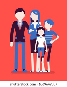 Happy family portrait. Social group consisting of two parents and children live together as a unit, adults and kids, couple with son and daughter. Vector illustration with faceless characters