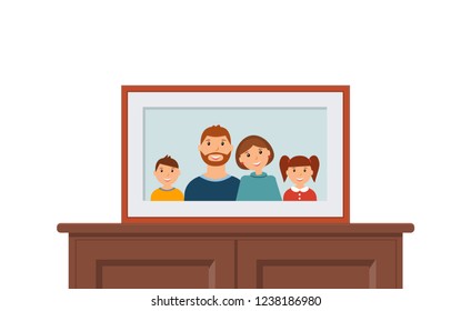 Happy family portrait is standing on the dresser: father, mother, son and daughter on the light blue background. Vector illustration