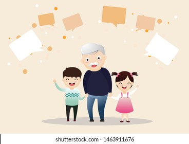 Happy family portrait. Three generations - grandparents, parents and children of different age together. Smiling cartoon characters. Vector illustration for poster, greeting card, website, ad.