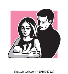 Happy family portrait together. Vector illustration of father, mother and child. Happiness, love, relationship and friendship concept. 
Free-hand drawn in cartoon lines style.
