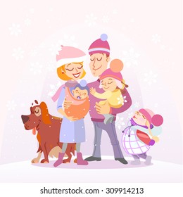 Happy family portrait in winter. Isolated on white background. Vector illustration