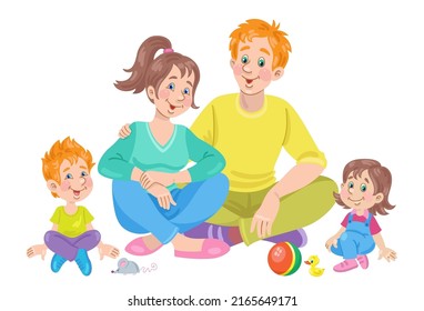 Happy family. Portrait of young parents with their little son and daughter sitting together on the floor. In cartoon style. Isolated on white background. Vector illustration