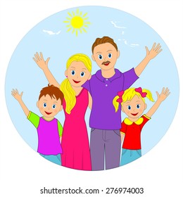 Happy family portrait.mother, father, and two children, illustration, vector