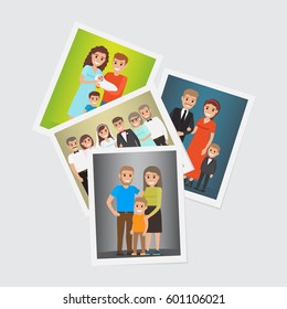 Happy family portraits set. Smiling father and mother with children and newlyweds with parents-in-law standing together flat vector illustrations. Memorable moments of family history concept