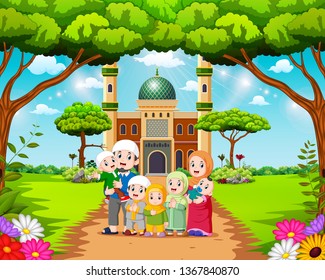 the happy family are posing in front of the beautiful mosque