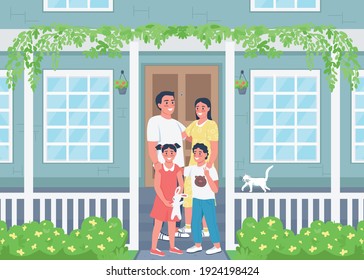 Happy family posing on house patio flat color vector illustration. Spring season. Relatives on porch. Smiling parents with children 2D cartoon characters with residential home exterior on background