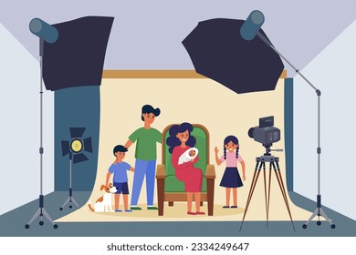 Happy family posing for photo vector illustration. Camera on tripod ready for photoshoot in studio. Mother holding baby and children cuddling around. Camera equipment, family portrait concept