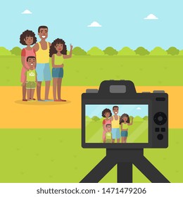 Happy Family Posing for Photographer in Park Outdoors, Cheerful Mother, Father, Daughter and Son on Nature Background Vector Illustration