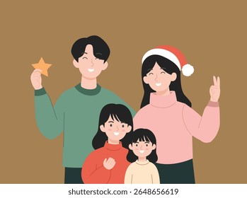 happy family posing together for a Christmas celebration, wearing festive outfits and surrounded by holiday decorations. Perfect for seasonal greetings, cards, and winter-themed designs.