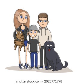 Happy family posing together. Father, mother and son with pets. Funny vector illustration in hand drawn cartoon style.