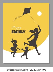 Happy family poster or card design with silhouettes of mother and children launching a kite, vector illustration. Card or poster for family events and holidays.