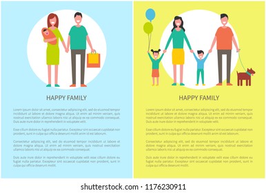 Happy family posters set with text sample and cheerful people. Husband and wife with kid. Daughter holding balloons, father with dog on leash vector