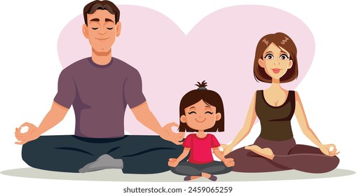 
Familia Feliz Practicando Yoga Juntos Ilustración vectorial. Padre, madre e hija sentados juntos en pose de loto 
