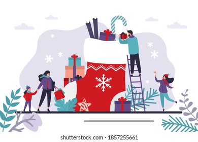 Happy family, preparation for winter holidays. Xmas eve. Male character puts gifts in big red sock. Concept of christmas gifts and new year celebration. Cute woman with sparklers. Vector illustration