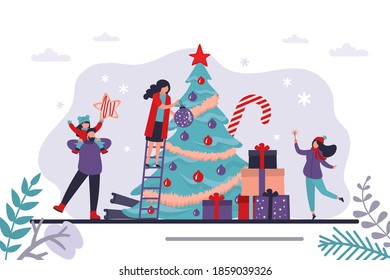 Feliz familia, preparación para las vacaciones de invierno. Nochebuena, pancarta horizontal. Una mujer decora un árbol tradicional con juguetes. Concepto de regalos de navidad y celebración de año nuevo. Ilustración vectorial plana