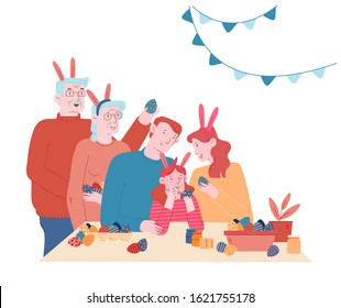 Happy Family Prepare for Easter Celebration. Parents, Grandparents and Little Girl in Rabbit Ears Painting Eggs. People Spend Time Together. Spring Holidays. Cartoon Flat Vector Illustration, Line Art