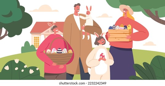 Happy Family Prepare for Easter Celebration. Parents and Children Girl and Boy Wear Rabbit Ears Holding Baskets with Painted Eggs at Cottage Yard , Spring Holidays. Cartoon People Vector Illustration