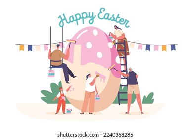 Happy Family Prepare for Easter Celebration. Tiny Parents, Granny and Children Girl and Boy Painting Huge Egg. People Spend Spring Holidays Time Together. Cartoon Vector Illustration