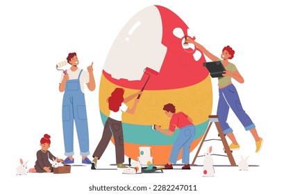 Happy Family Prepare for Easter Celebration. Tiny Parents and Children Girls and Boy Painting Huge Egg. People Spend Spring Holidays Time Together Isolated on White. Cartoon Vector Illustration