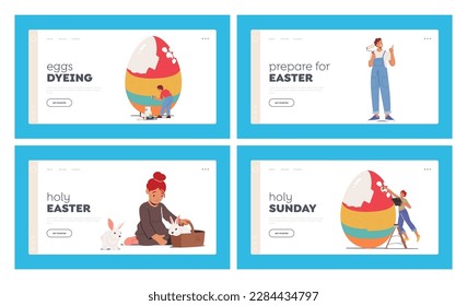 Happy Family Prepare for Easter Celebration Landing Page Template Set. Tiny Parents and Children Girls and Boy Painting Huge Egg. People Spend Spring Holidays Time. Cartoon Vector Illustration
