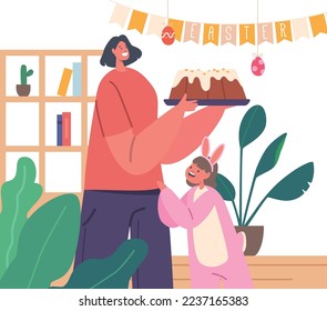 Happy Family Prepare for Easter Dinner. Little Baby in Rabbit Costume and Mother with Cake in Hands on Kitchen. Parent and Child Characters Celebrate Traditional Event. Cartoon Vector Illustration