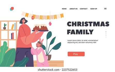 Gute Familie Vorbereitung Ostern Abendessen Landing Page Vorlage. Kleines Baby in Kaninchenkostüm und Mutter mit Kuchen in Händen auf Küche. Eltern und Kind feiern Frühlingsveranstaltung. Cartoon-Vektorgrafik