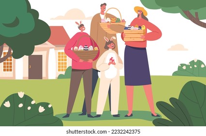 Happy Family Prepare for Easter Holidays Celebration. Dad, Mom and Children Wear Rabbit Ears Holding Basket and Wooden Box with Painted Eggs at Cottage Yard. Cartoon People Vector Illustration