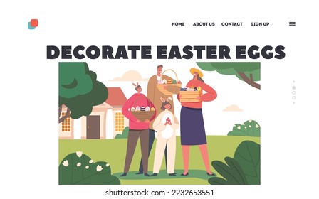 Happy Family Prepare for Easter Landing Page Template. Dad, Mom and Children Wear Rabbit Ears Holding Basket and Wooden Box with Painted Eggs at Cottage Yard. Cartoon People Vector Illustration