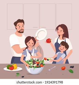 Happy family prepares food. Children help their parents. The girl makes vegetable salad. Dinner at home with mom, dad, brother and sister. Healthy lifestyle, proper nutrition. Vector flat illustration