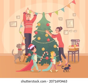 A happy family is preparing for Christmas. Mom is decorating the Christmas tree. Dad decorates the house with garlands and flags, children play and indulge, and pets help with preparation.
