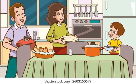 happy family preparing the dinner table together.Vector Illustration of a Happy Family in the Kitchen.