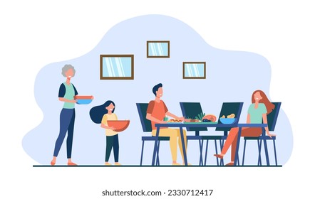 Happy family preparing for dinner vector illustration. Grandmother and daughter setting table while parents talking. Family reunion, intergenerational connections concept