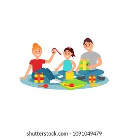 Happy family preparing gifts for holiday. Family activity. Colorful flat vector design