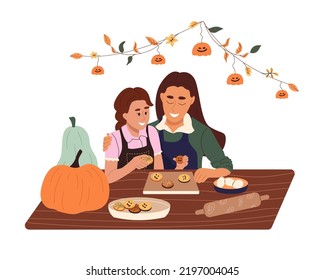 Feliz familia preparándose para Halloween. Madre e hija cocinando galletas festivas en la cocina de casa juntos. Dibujo vectorial plano de color aislado en fondo blanco